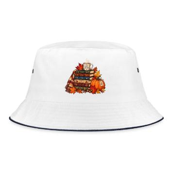Gemütlicher Herbst Bücherstapel - Bucket Hat - Weiß/Navy - Vorne