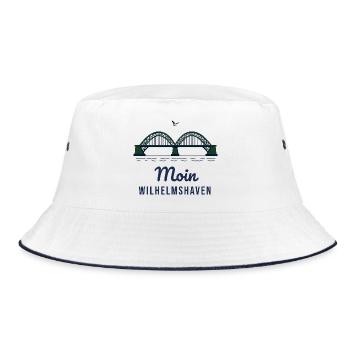 Moin Wilhelmshaven – Brücke Hafen Nordsee Motiv - Bucket Hat - Weiß/Navy - Vorne