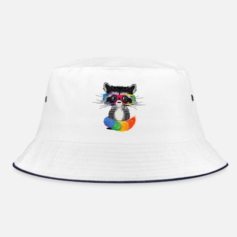 Waschbär mit Brille in Regenbogen Farben - Bucket Hat - Weiß/Navy