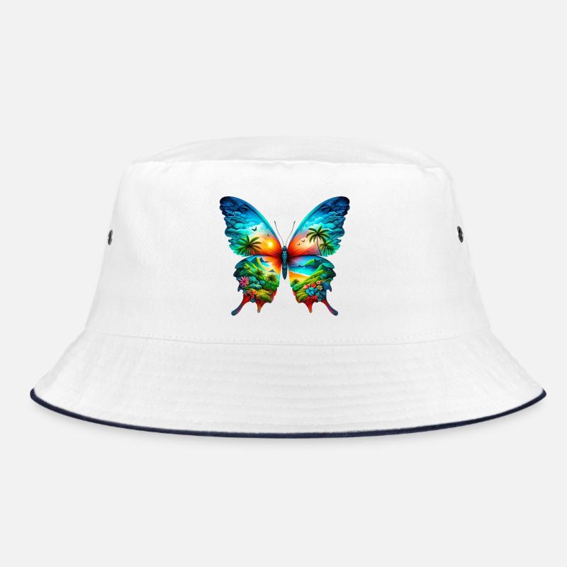 Schmetterling - Bucket Hat - Weiß/Navy