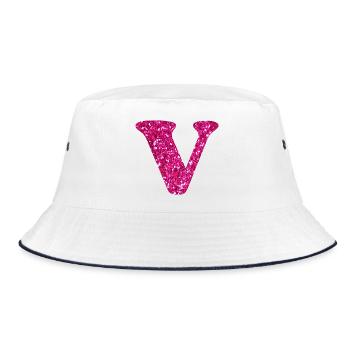 Buchstabe V Rosa Glitzer - Bucket Hat - Weiß/Navy - Vorne