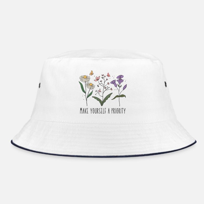 Vintage Retro Wildflowers Make Yourself a Priority - Bucket Hat - white/navy