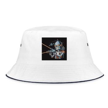 Retro Sci-Fi Roboter mit Laserwaffe - Bucket Hat - Weiß/Navy - Vorne