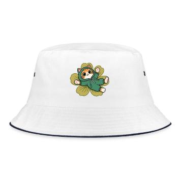 Kawaii-Katze im grünen Ökologie-Modus auf einer Blume - Bucket Hat - Weiß/Navy - Vorne