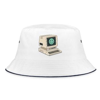 Retro-Smiley-Gesicht auf Vintage-Computer - Bucket Hat - Weiß/Navy - Vorne