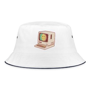 Retro Computer Smile Pastellgrün Gelb Rot - Bucket Hat - Weiß/Navy - Vorne