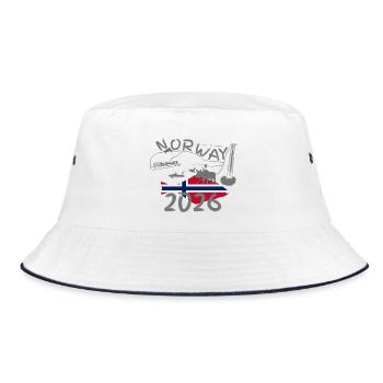 Norwegen 2026 Heilbutt mit Bergen und Elch Angeln - Bucket Hat - Weiß/Navy - Vorne