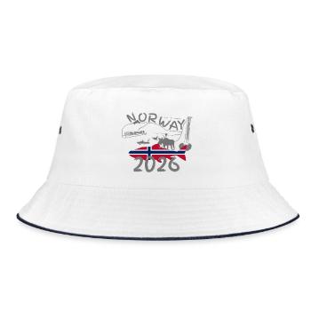 Norwegen 2026 Lachs mit Bergen und Elch Angeln - Bucket Hat - Weiß/Navy - Vorne