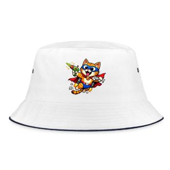 Superheldenkatze im Flug - Bucket Hat - Weiß/Navy - Vorne