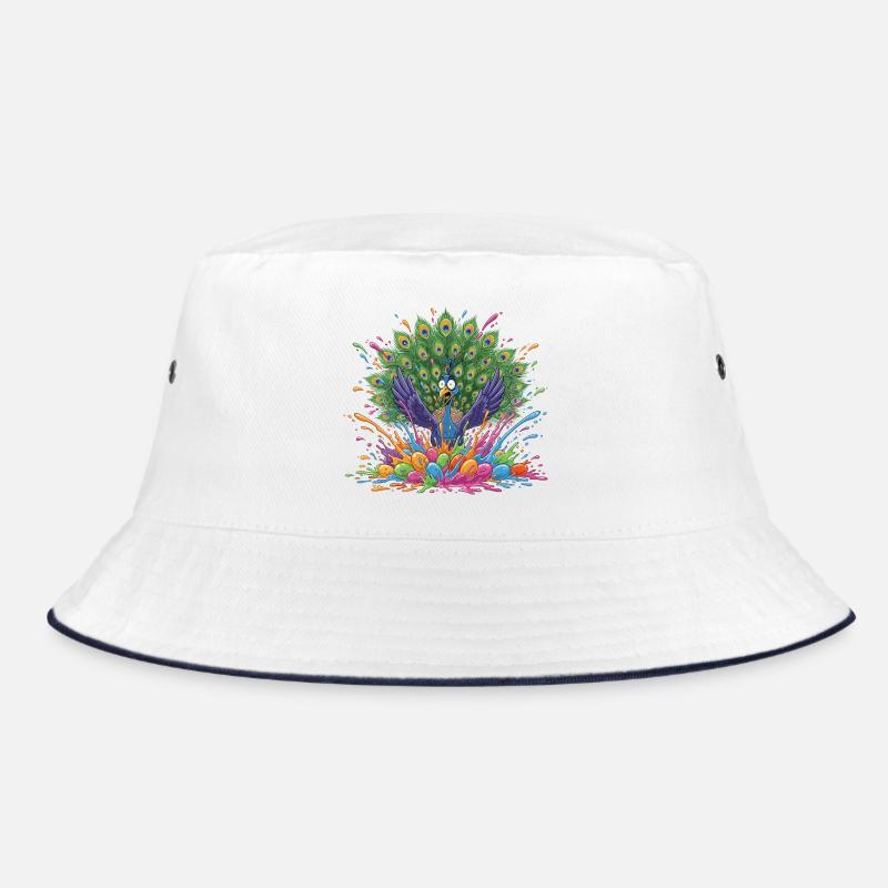 Pfau mit Farbschleuder-Panorama - Bucket Hat - Weiß/Navy