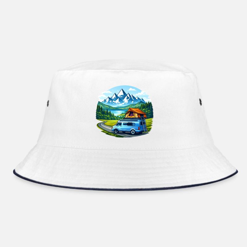 Vanlife Camper Illustration Mountain Motif Bucket Hat