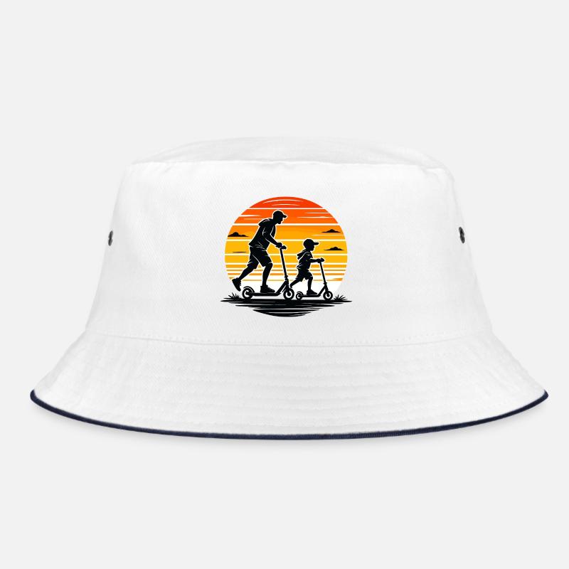 Scooter with child in retro sunset Bucket Hat