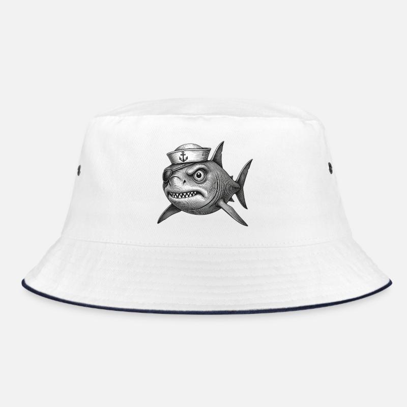 Der mürrische Captain Haifisch - Bucket Hat - Weiß/Navy