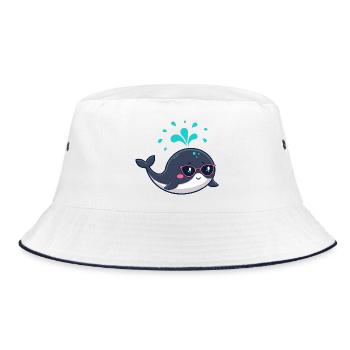 Niedlicher lächelnder Wal und rosa Brille - Bucket Hat - Weiß/Navy - Vorne