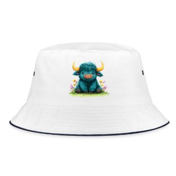 Blauer Yak im Blumenmeer - Bucket Hat - Weiß/Navy - Vorne