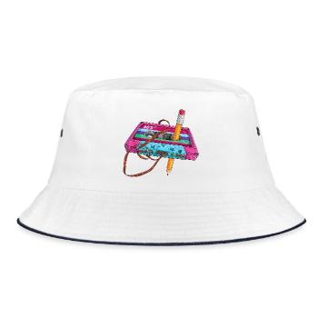 80er Kassette Stift - Bucket Hat - Weiß/Navy - Vorne