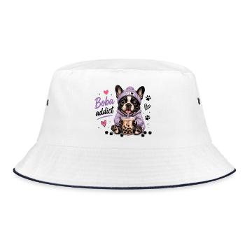  Boba Addict Französische Bulldogge Bubble Tea - Bucket Hat - Weiß/Navy - Vorne