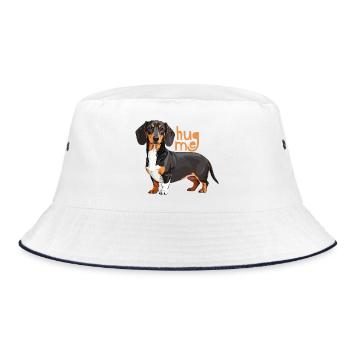 Knuddel-Dackel mit hug me Schrift - Bucket Hat - Weiß/Navy - Vorne