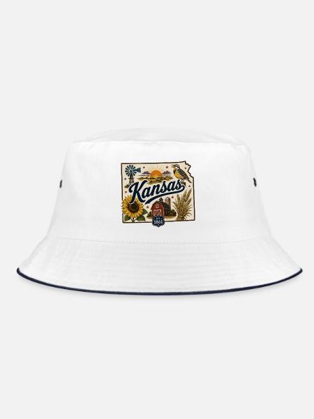 Kansas Sunflower State Vintage Reiseaufkleber - Bucket Hat - Weiß/Navy - Vorne