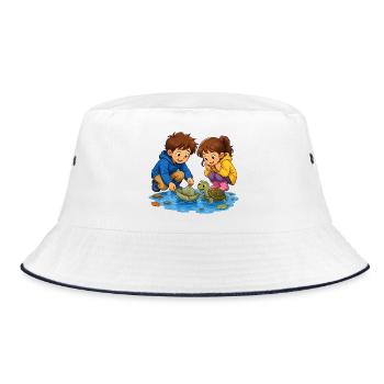 Children's Turtle Leaf Boat in Puddle Cute Motif - Bucket Hat - white/navy - Front