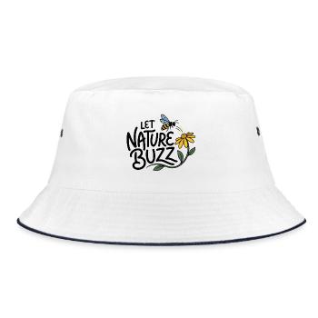 "LASS DIE NATUR SUMMEN" – Bienen- und Wildblumenmotiv - Bucket Hat - Weiß/Navy - Vorne