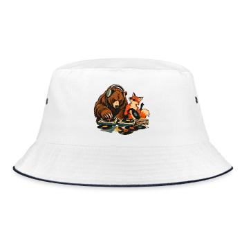 Bär & Fuchs als Vinyl DJs – Musikduo - Bucket Hat - Weiß/Navy - Vorne