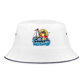 Cooler Seehund – Segelhund Kapitän - Bucket Hat - Weiß/Navy - Vorne