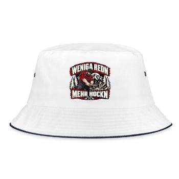 Weniga redn - mehr hockn - cooles Holzfäller Motiv - Bucket Hat - Weiß/Navy - Vorne