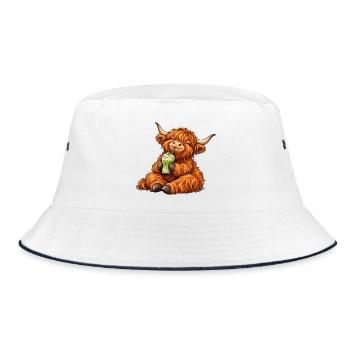 Highland Cattle mit Matcha Latte – Kuhmotiv - Bucket Hat - Weiß/Navy - Vorne