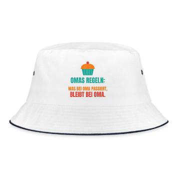 Omas Regeln: Was bei Oma passiert, bleibt bei Oma - Bucket Hat - Weiß/Navy - Vorne