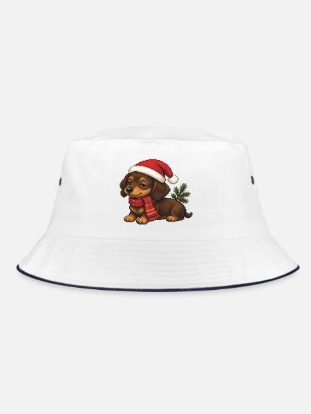 Dackel Weihnachtshut Weihnachts-Pixelkunst - Bucket Hat - Weiß/Navy