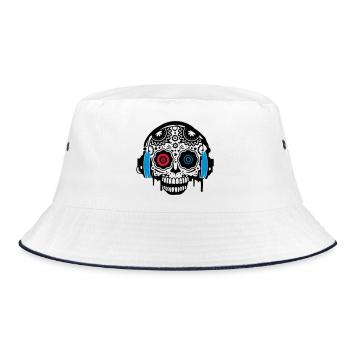 Sugar Skull mit Kopfhörer - Bucket Hat - Weiß/Navy - Vorne