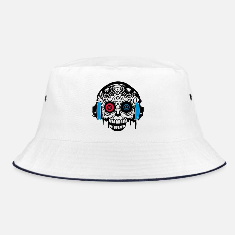 Sugar Skull mit Kopfhörer - Bucket Hat - Weiß/Navy