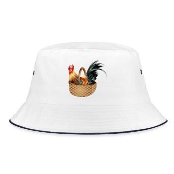 Ein prächtiger bunter Hahn sitz in einem Korb - Bucket Hat - Weiß/Navy - Vorne