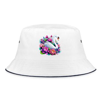 Schwan verziert mit Lotusblüten - Bucket Hat - Weiß/Navy - Vorne