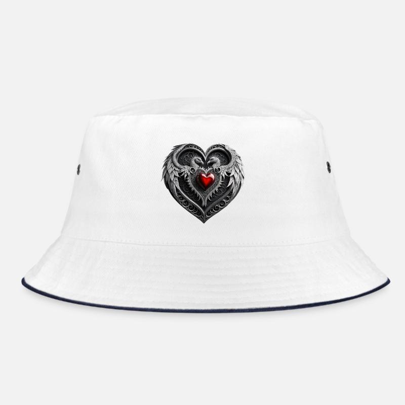 Silbernes Herz mit Flügeln. - Bucket Hat - Weiß/Navy