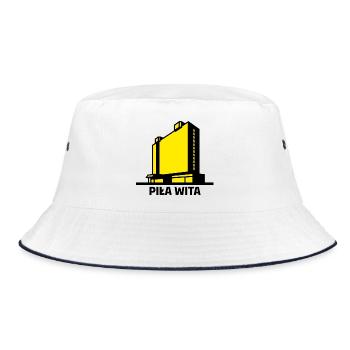 Saw heißt Sie herzlich willkommen. Die Stadt Piła und das Gebäude des Hotels Gromada - Bucket Hat - Weiß/Navy - Vorne