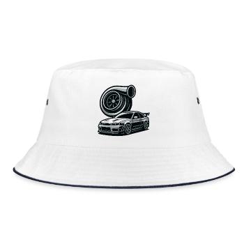 Detailreiche Automobil- und Turbinensilhouette - Bucket Hat - Weiß/Navy - Vorne