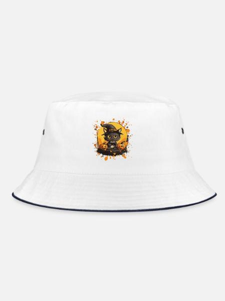 Halloween Katze mit Kürbis - Bucket Hat - Weiß/Navy