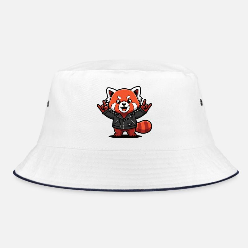 Roter Panda in Lederjacke - Bucket Hat - Weiß/Navy