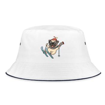 Lustiger Mops Beim Skifahren Mit Schal Und Muetze - Bucket Hat - Weiß/Navy - Vorne