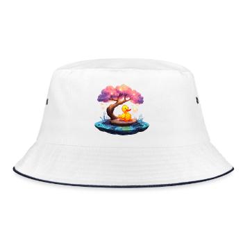 Ente auf rosiger Bauminsel - Bucket Hat - Weiß/Navy - Vorne