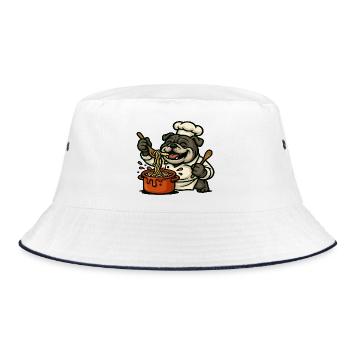 Bulldogge Koch Kochen Pasta Glücklich Cartoon Design - Bucket Hat - Weiß/Navy - Vorne