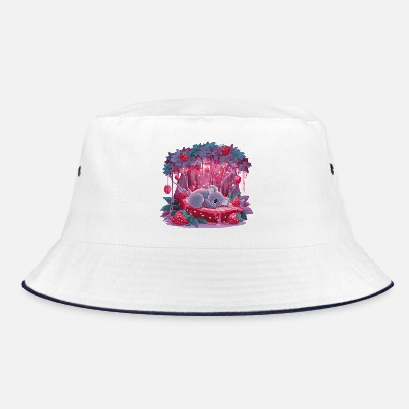 Sleeping koala on strawberry cake in the enchanted forest Bucket Hat