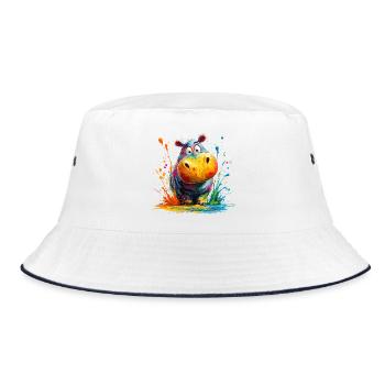 Bunter Hippo Splash - Bucket Hat - Weiß/Navy - Vorne