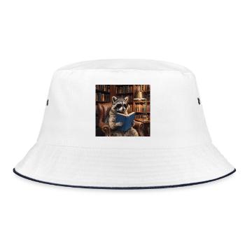 Reading raccoon in library - Bucket Hat - white/navy - Front