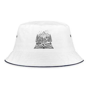 Offenes Buch mit Wald, Hirsch & Kaninchen Design - Bucket Hat - Weiß/Navy - Vorne