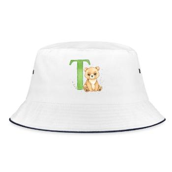 Teddy mit grünem Buchstaben T - Bucket Hat - Weiß/Navy - Vorne
