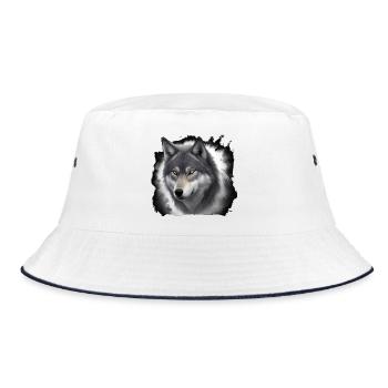 Wolfportrait mit Nebelschwaden - Bucket Hat - Weiß/Navy - Vorne