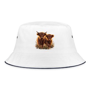 Highlandrinder im Abendlicht - Bucket Hat - Weiß/Navy - Vorne
